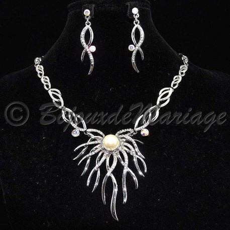 Parure bijoux Hélix, cristal AB, 1 perle centrale, structure rhodiée
